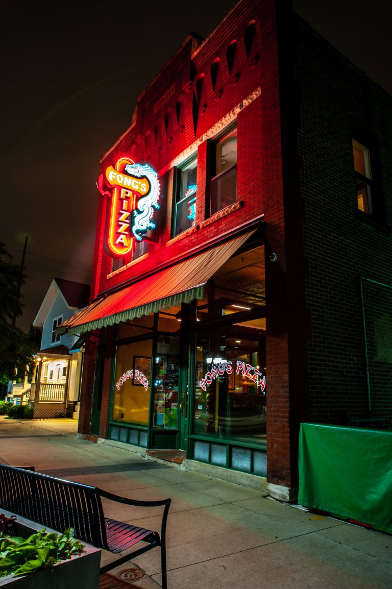 Fong's Pizza at night in Cedar Rapids, Iowa